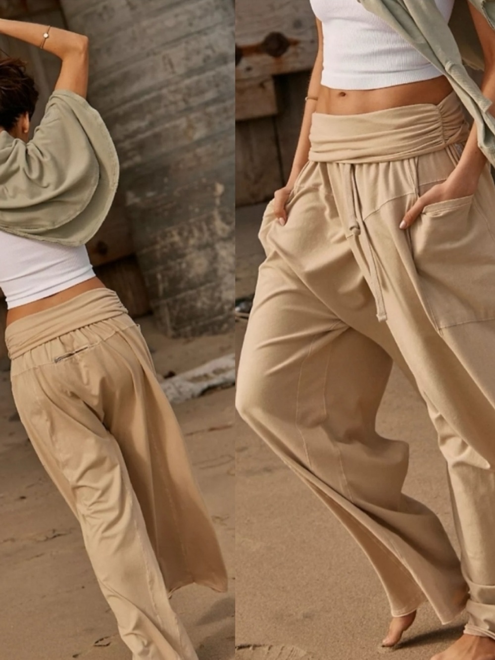 Free People Movement Wide Leg Sweatpants Hot Shot Sport Tan Large Loose Baggy